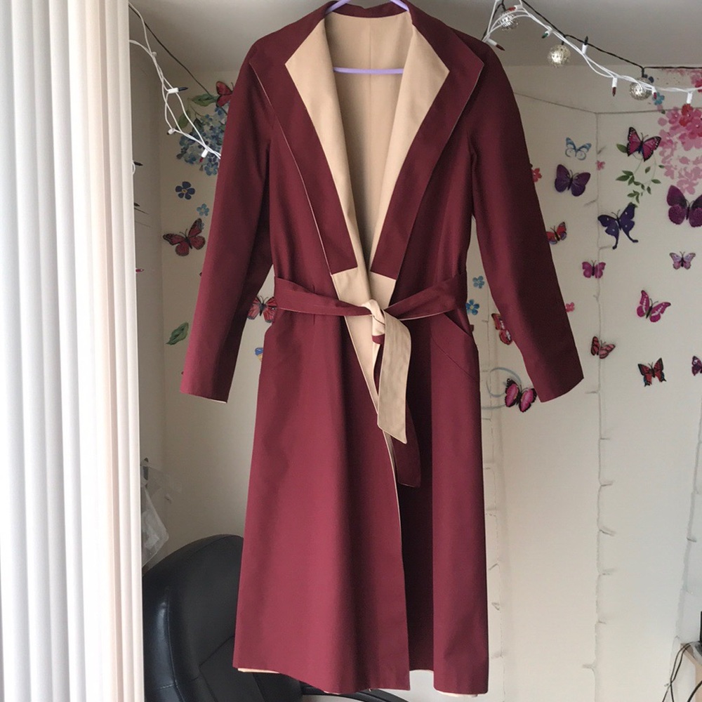 Reversible maroon and cream trench-coat